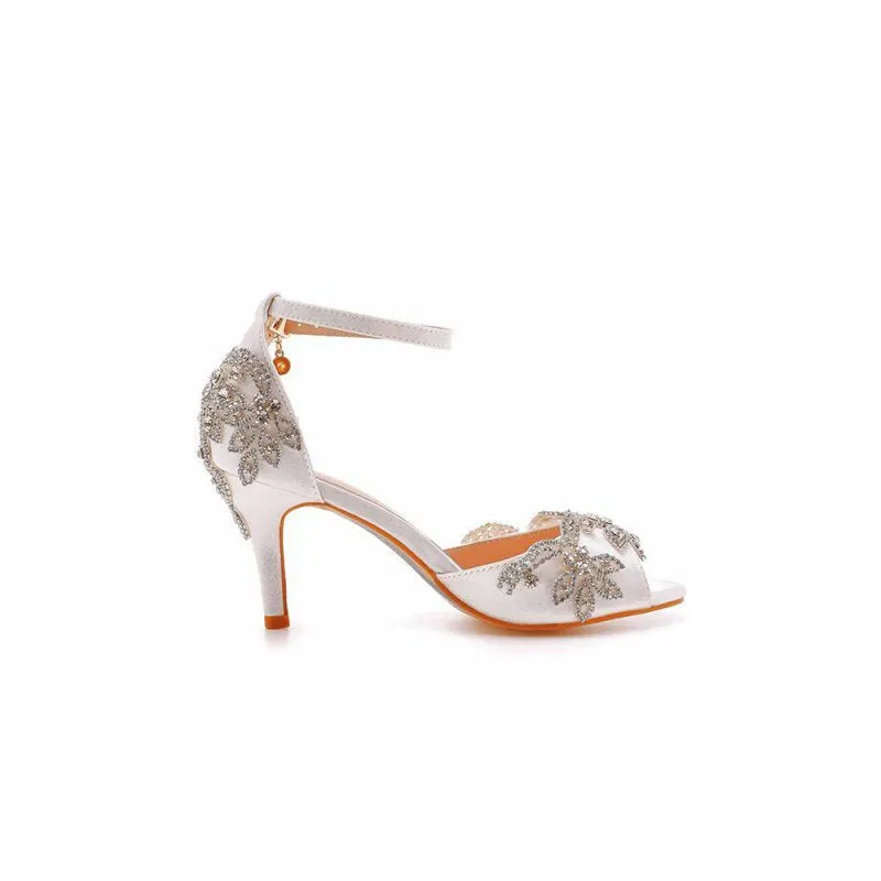 Peep Toe Satin Rhinestone Ankle Strap High Heels
