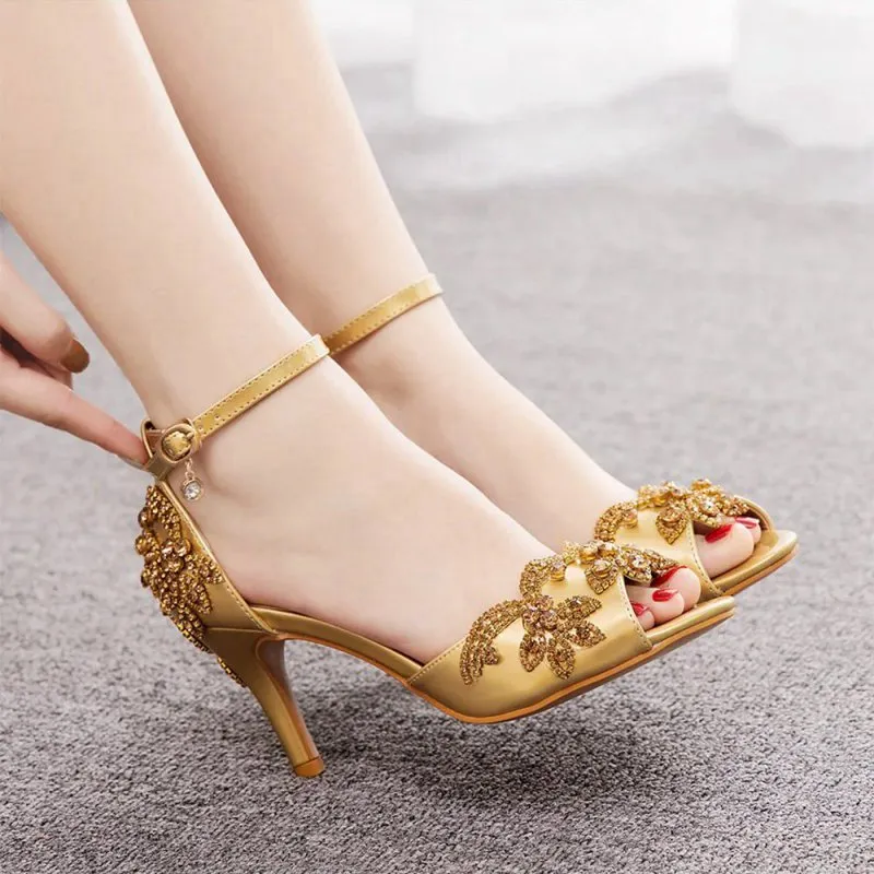Peep Toe Satin Rhinestone Ankle Strap High Heels