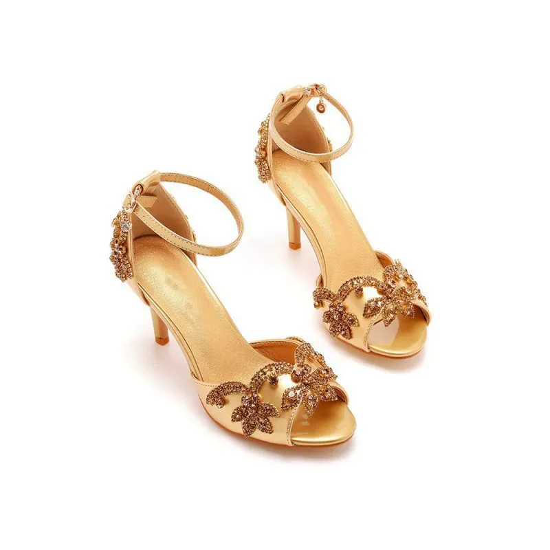 Peep Toe Satin Rhinestone Ankle Strap High Heels