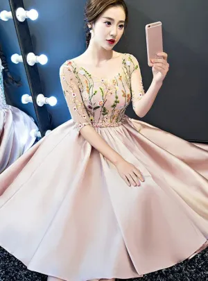 Pink Lace and Satin Lovely Short Party Dress Prom Dress, Pink Homecoming Dresses