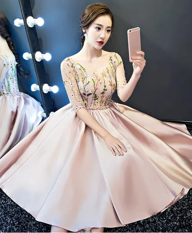 Pink Lace and Satin Lovely Short Party Dress Prom Dress, Pink Homecoming Dresses
