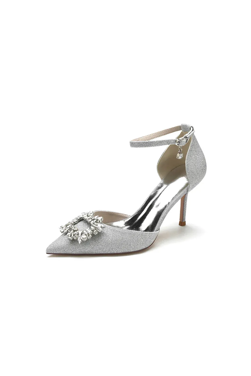 Pointed Toe Ankle Strap Stiletto Heels With Rhinestone