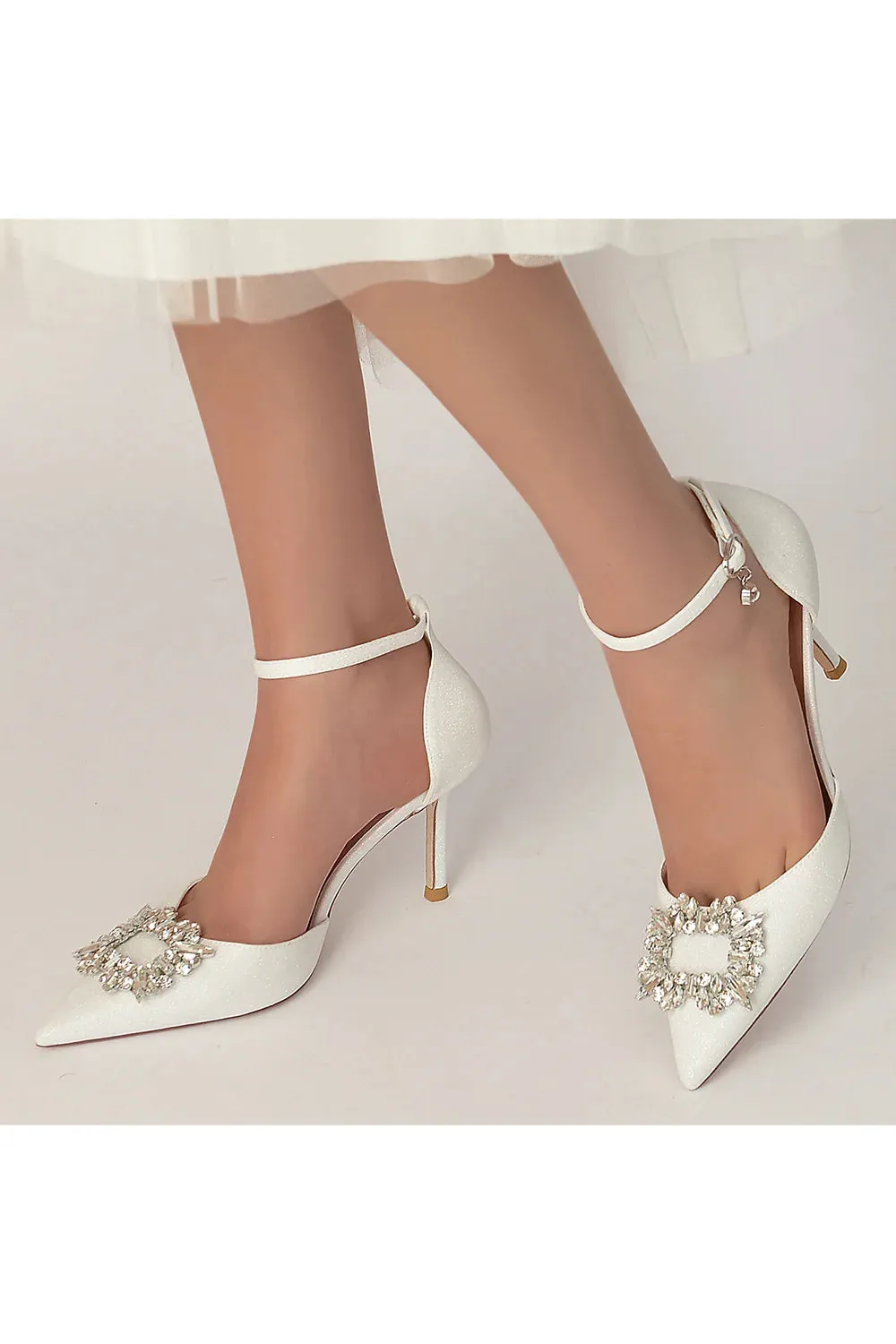 Pointed Toe Ankle Strap Stiletto Heels With Rhinestone