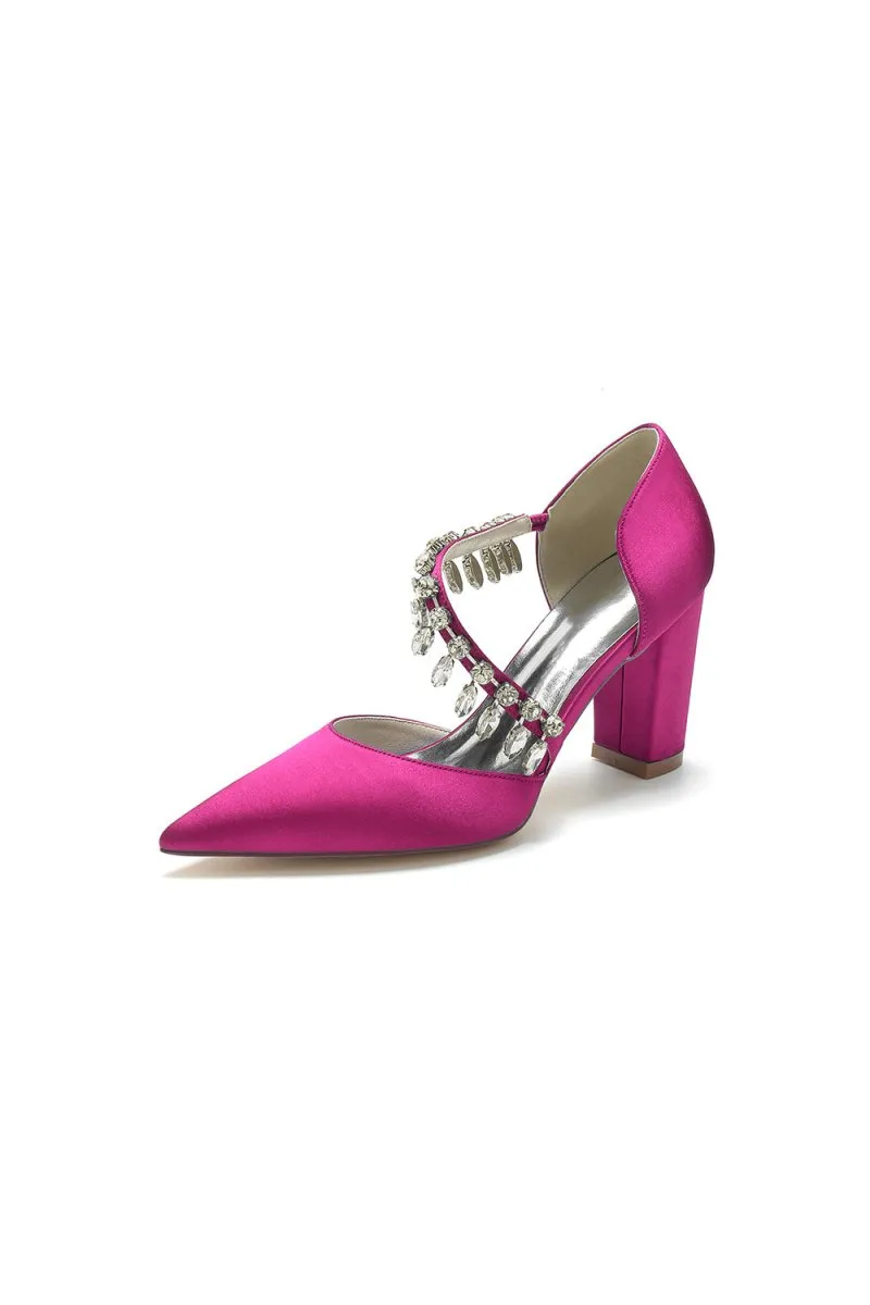 Pointed Toe Rhinestone Tassel Strappy Chunky Heels
