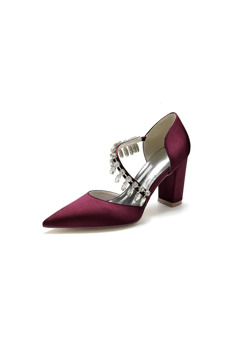 Pointed Toe Rhinestone Tassel Strappy Chunky Heels