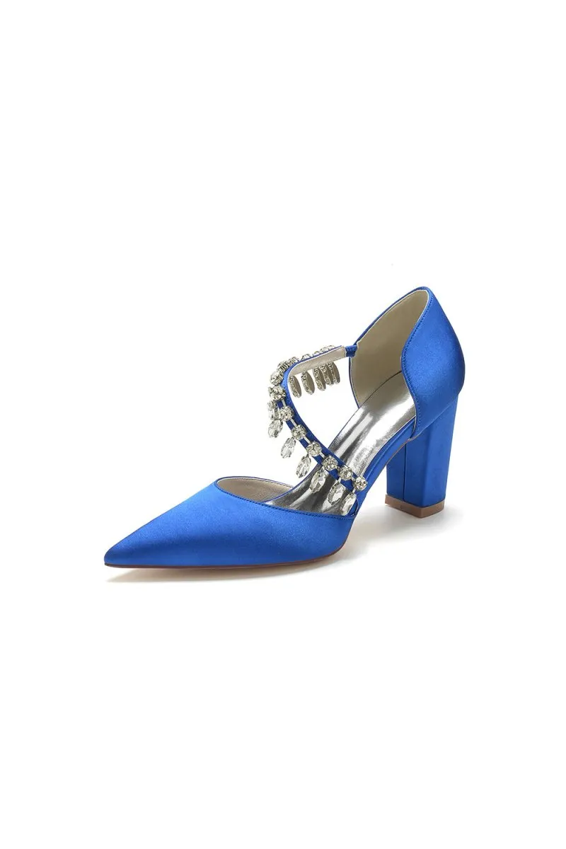 Pointed Toe Rhinestone Tassel Strappy Chunky Heels