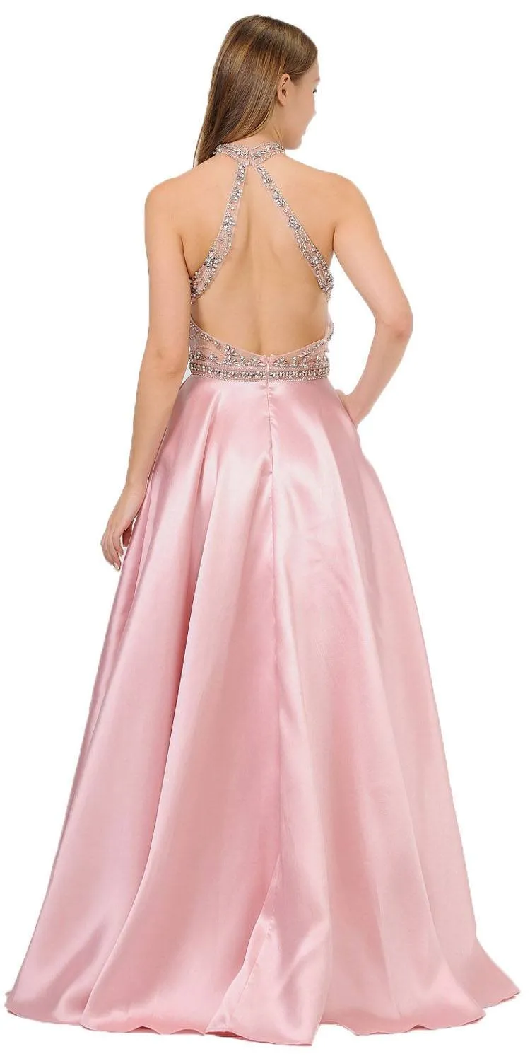 Poly USA 8344 High-Neck Beaded Long Prom Dress with Pockets
