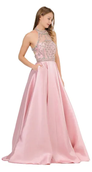 Poly USA 8344 High-Neck Beaded Long Prom Dress with Pockets