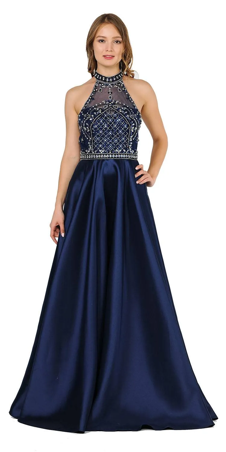 Poly USA 8344 High-Neck Beaded Long Prom Dress with Pockets