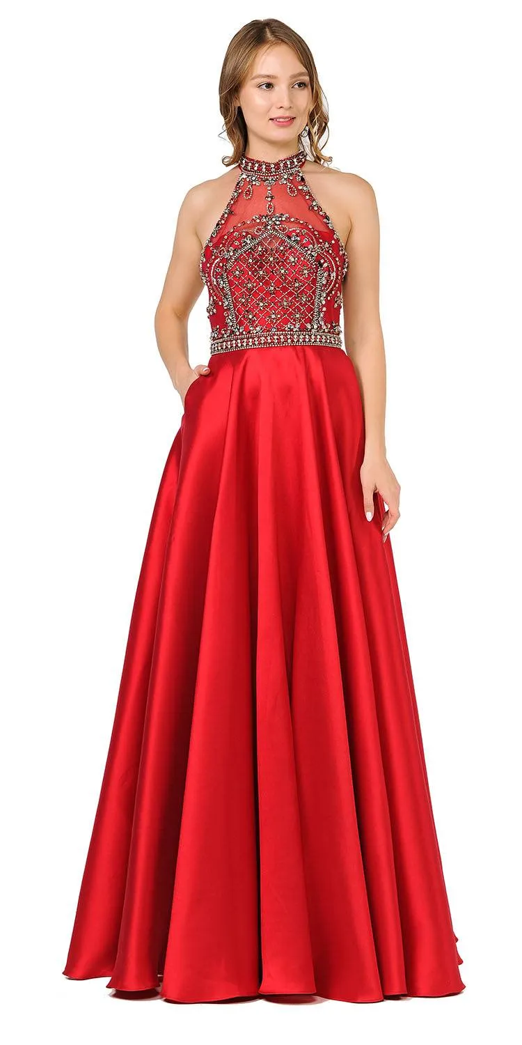 Poly USA 8344 High-Neck Beaded Long Prom Dress with Pockets