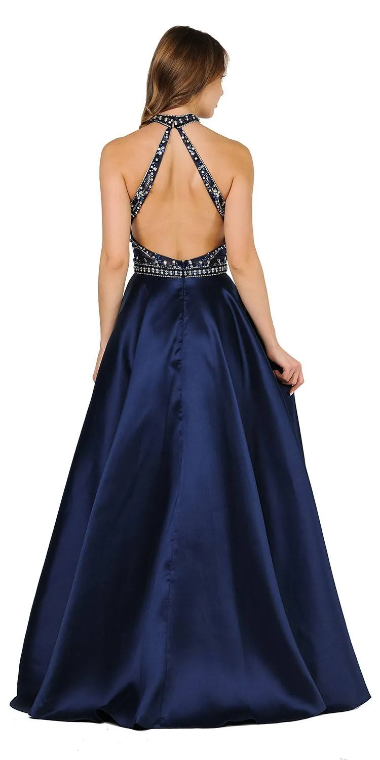 Poly USA 8344 High-Neck Beaded Long Prom Dress with Pockets