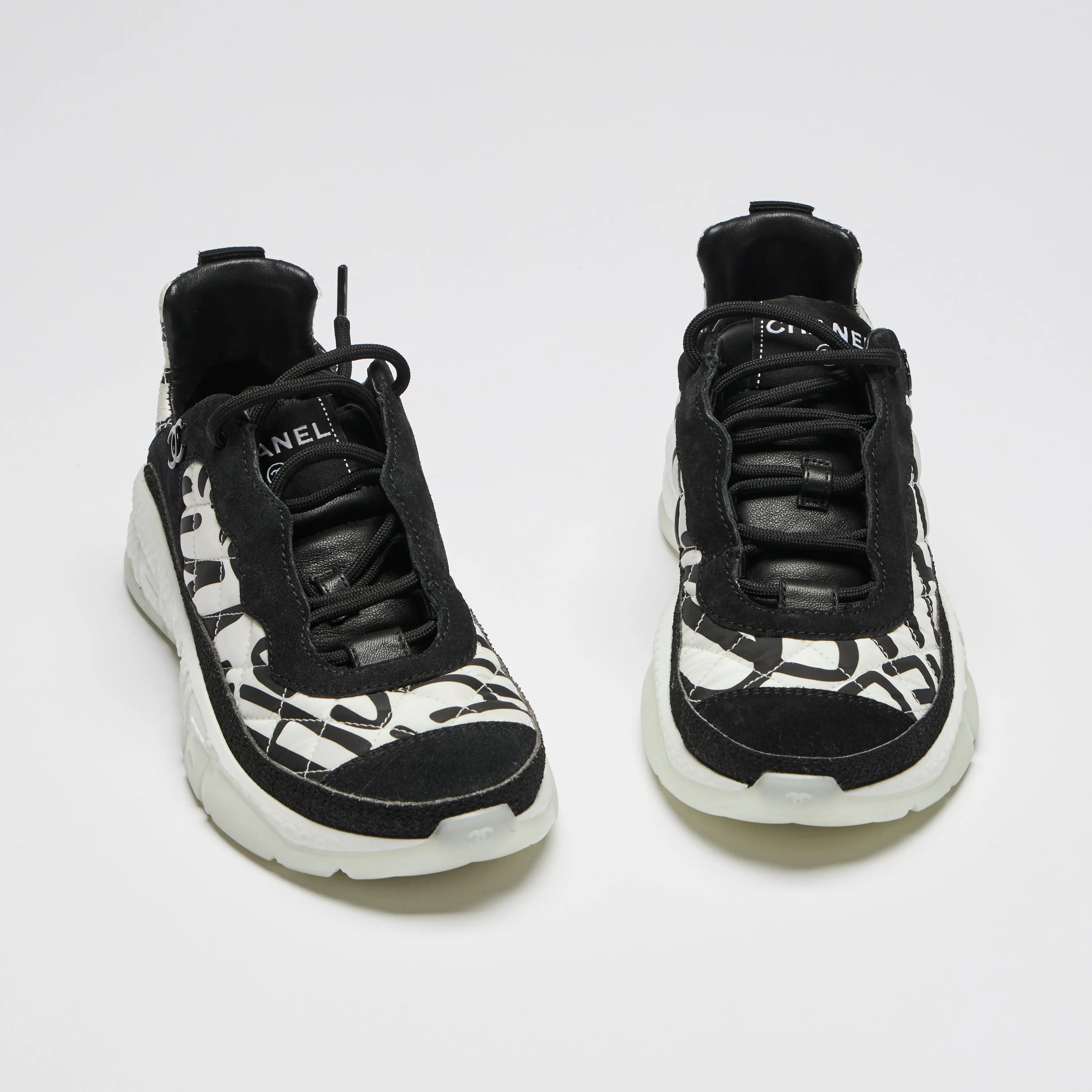 Pre-Loved Chanel™ Black and White Nylon and Suede Graffiti Logo Sneakers Size 35.5