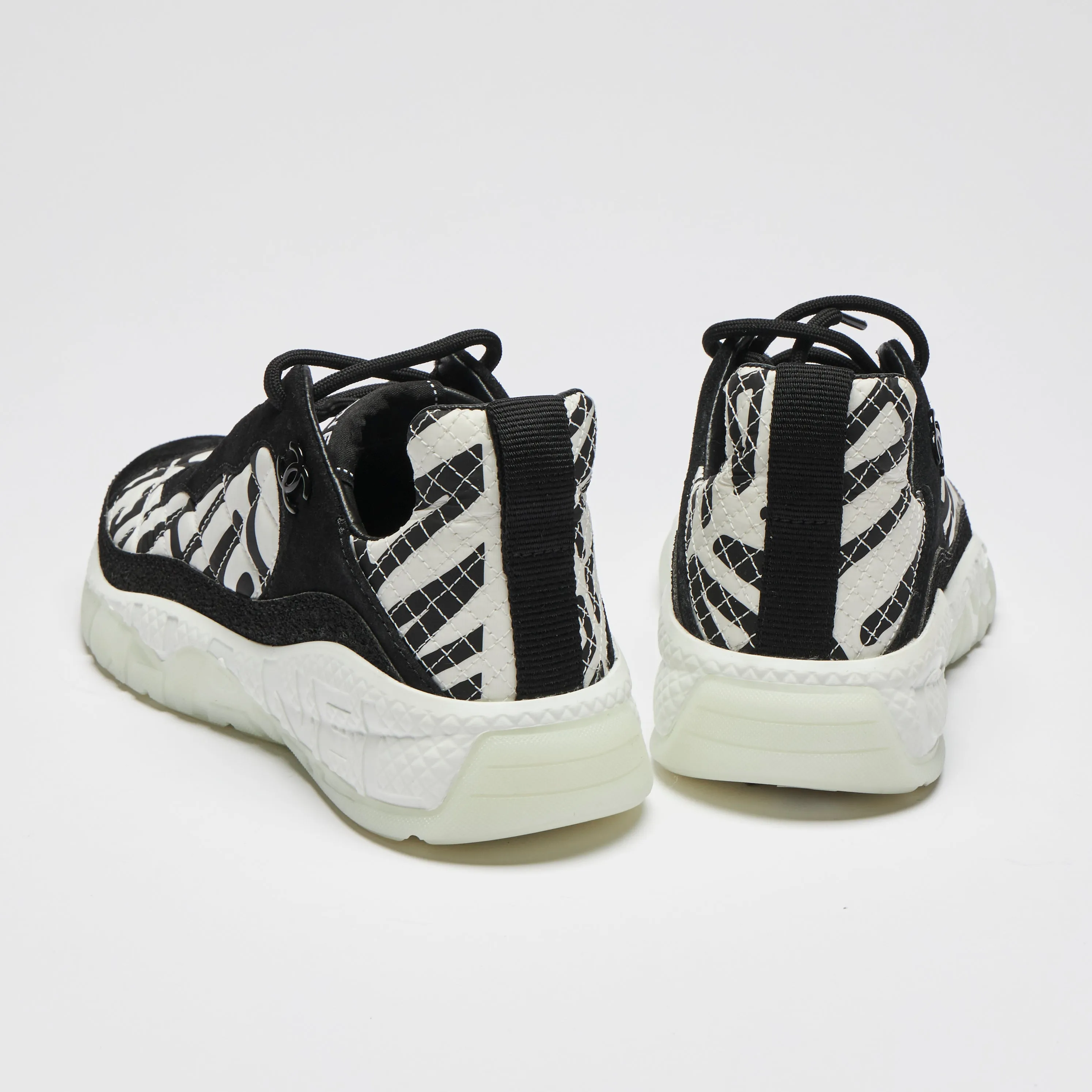 Pre-Loved Chanel™ Black and White Nylon and Suede Graffiti Logo Sneakers Size 35.5