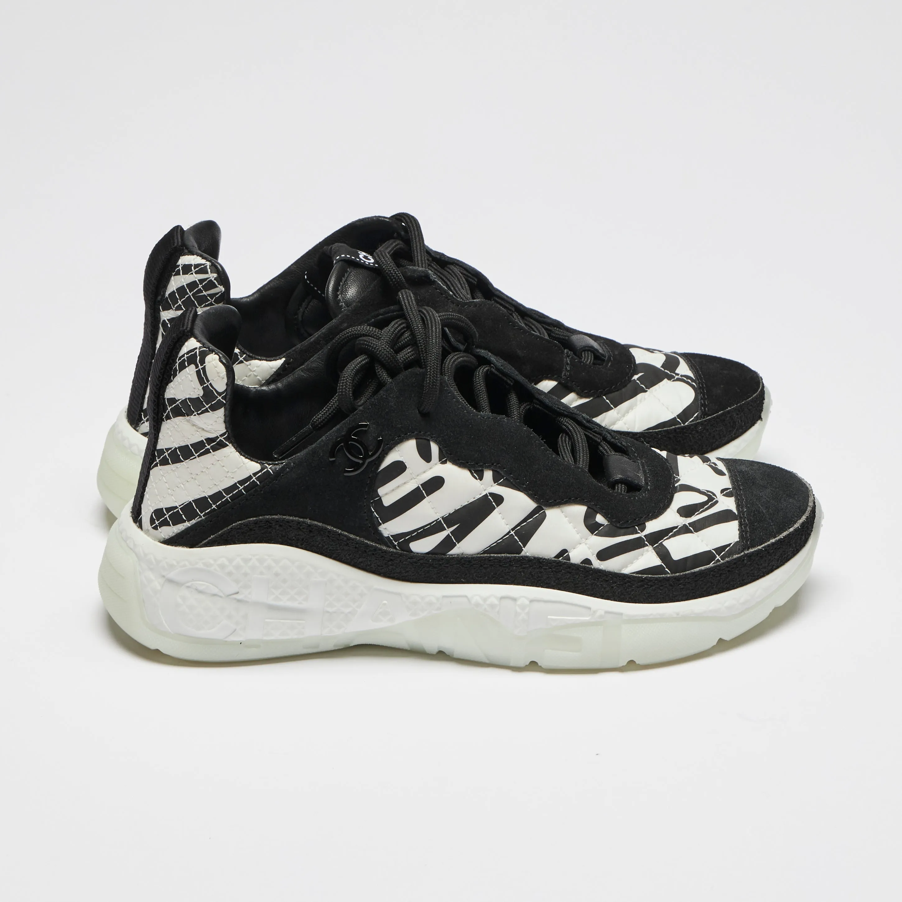 Pre-Loved Chanel™ Black and White Nylon and Suede Graffiti Logo Sneakers Size 35.5