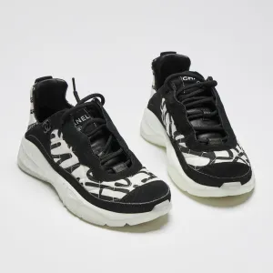 Pre-Loved Chanel™ Black and White Nylon and Suede Graffiti Logo Sneakers Size 35.5
