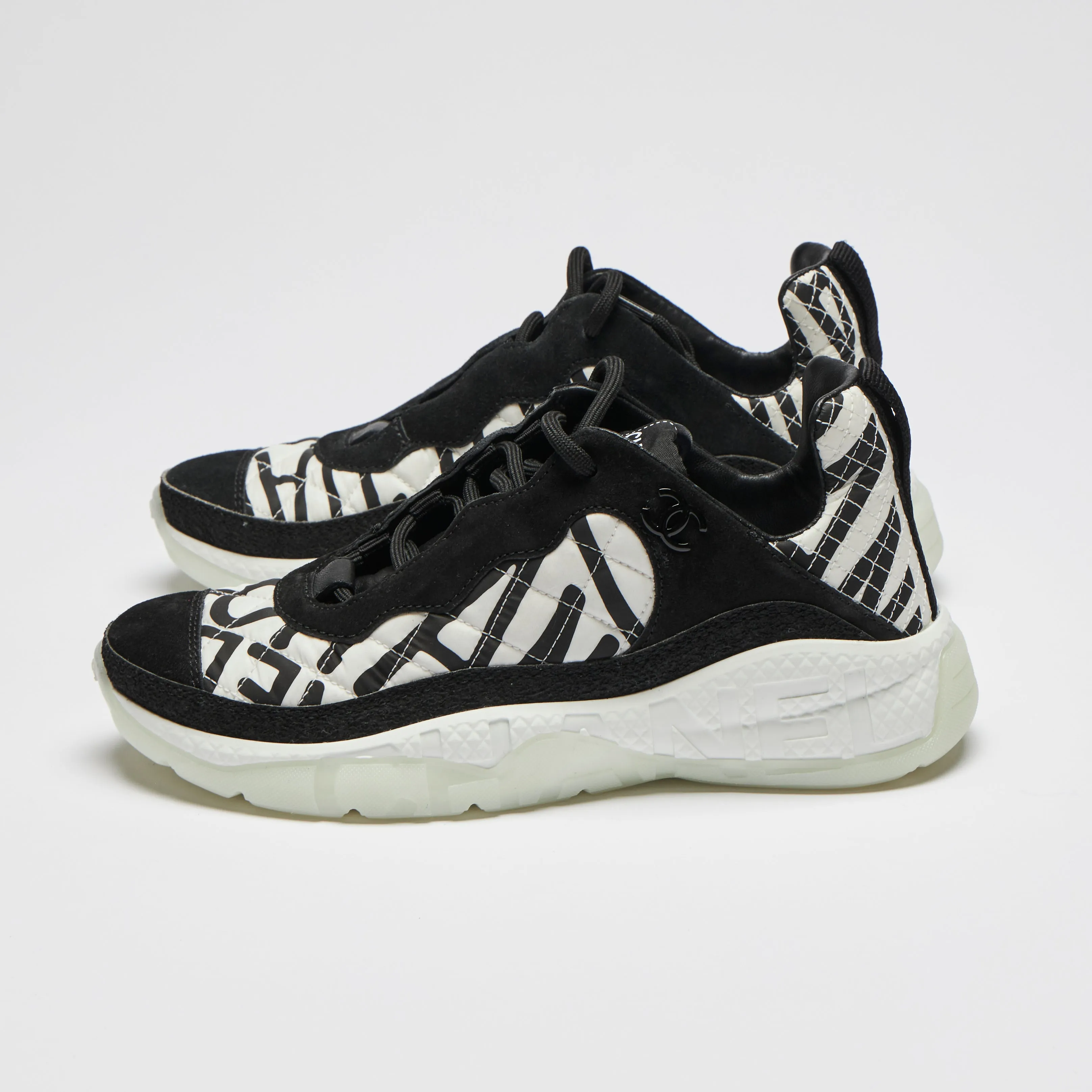 Pre-Loved Chanel™ Black and White Nylon and Suede Graffiti Logo Sneakers Size 35.5