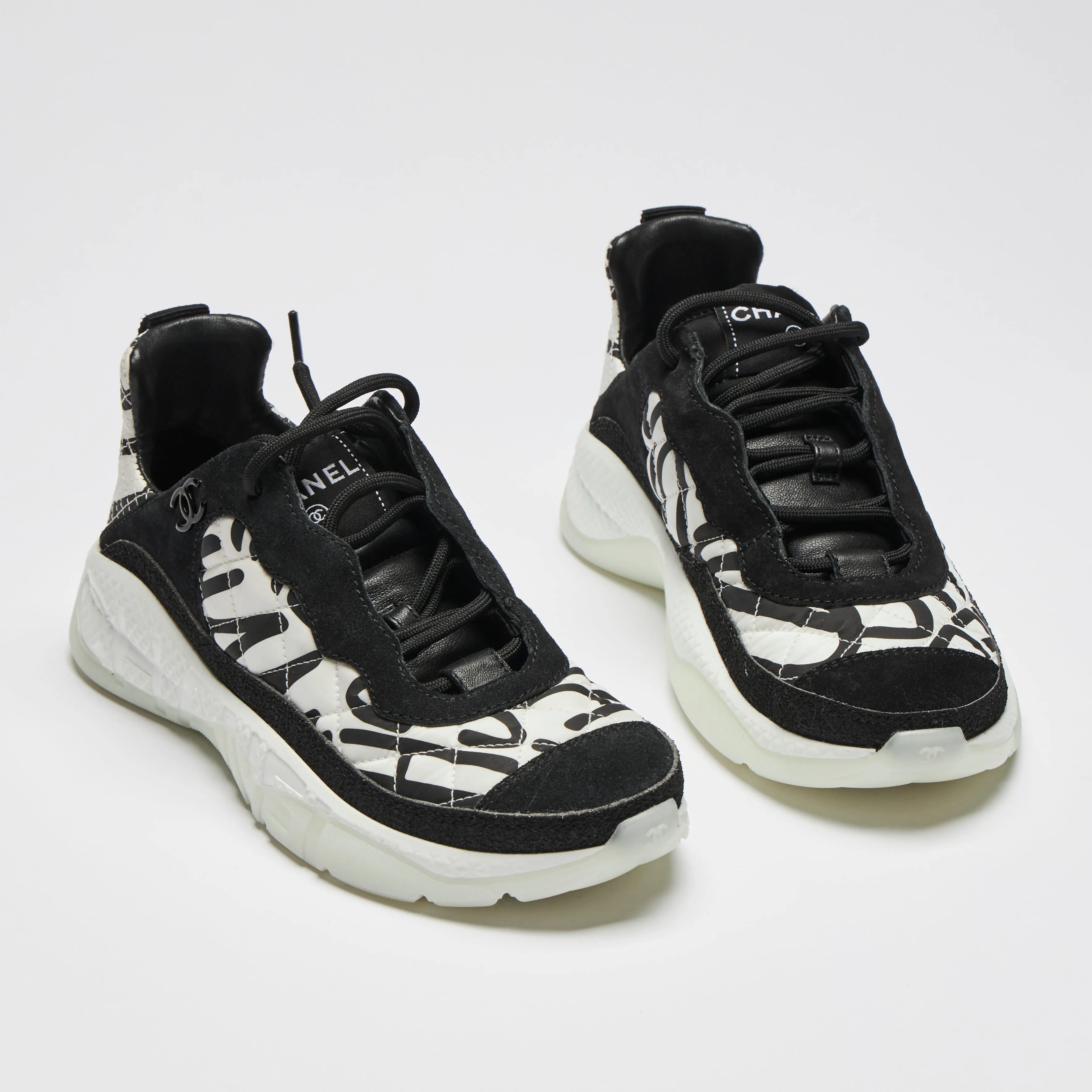Pre-Loved Chanel™ Black and White Nylon and Suede Graffiti Logo Sneakers Size 35.5