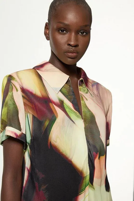 Printed Satin Woven Polo Top