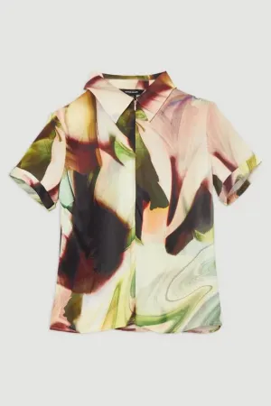 Printed Satin Woven Polo Top