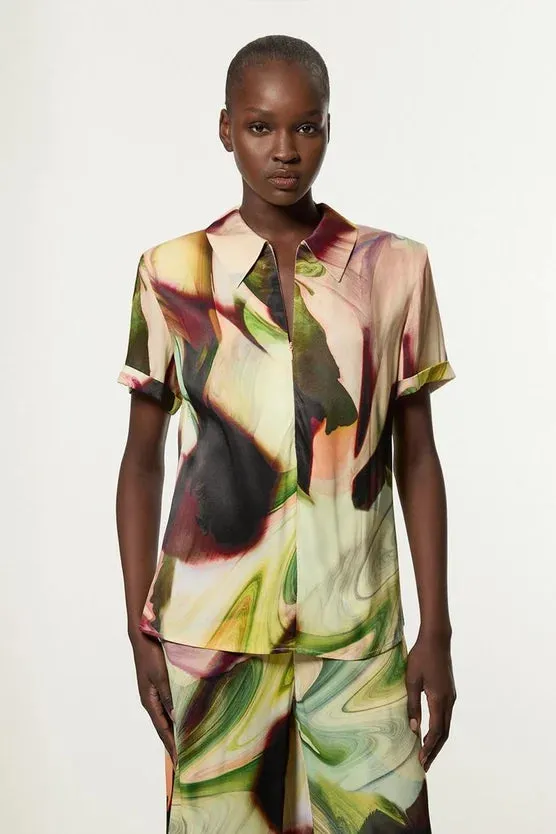 Printed Satin Woven Polo Top