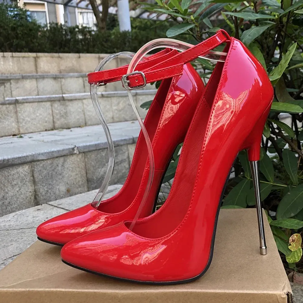 Red 16cm Metal High Heels Stilettos Red inside Sexy Women Fetish Ankle Strap Pumps