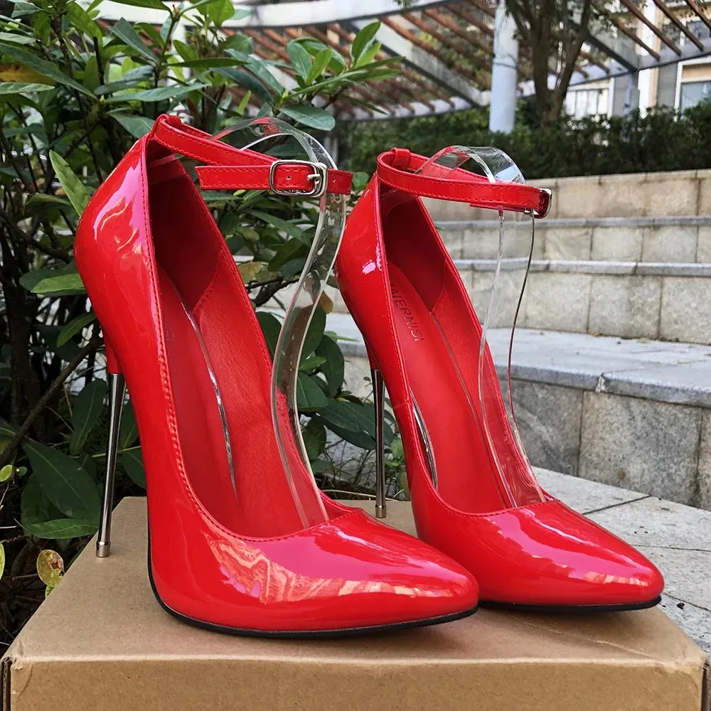 Red 16cm Metal High Heels Stilettos Red inside Sexy Women Fetish Ankle Strap Pumps
