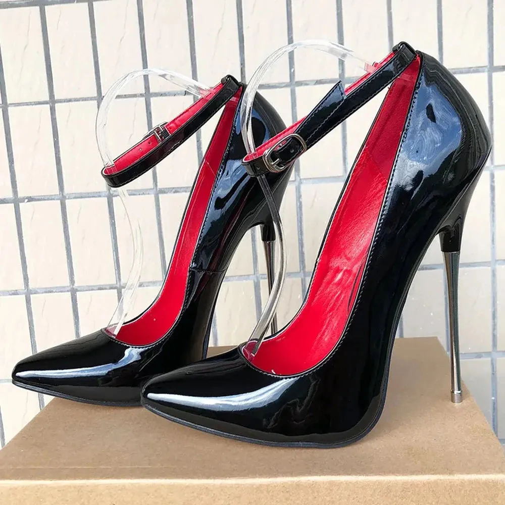 Red 16cm Metal High Heels Stilettos Red inside Sexy Women Fetish Ankle Strap Pumps