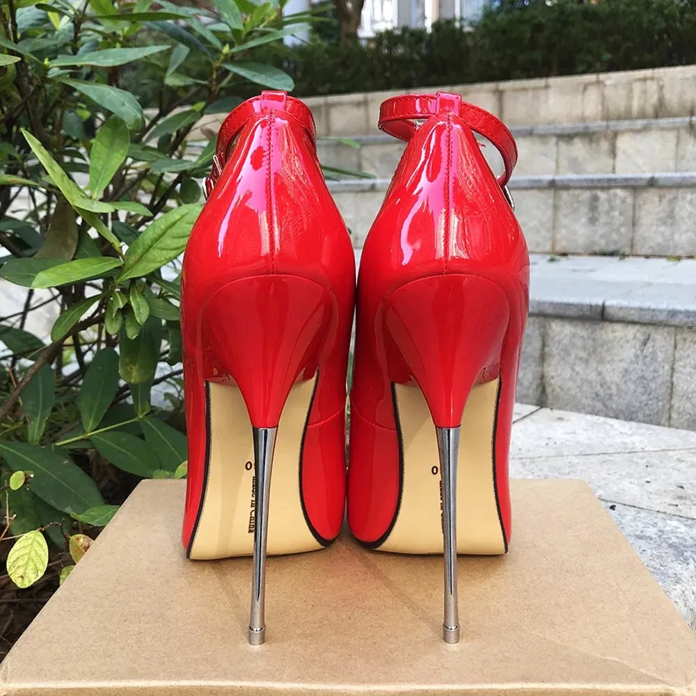 Red 16cm Metal High Heels Stilettos Red inside Sexy Women Fetish Ankle Strap Pumps