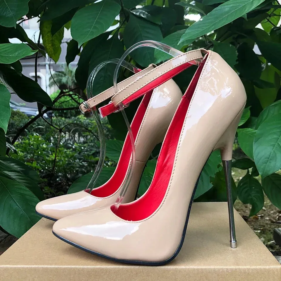 Red 16cm Metal High Heels Stilettos Red inside Sexy Women Fetish Ankle Strap Pumps