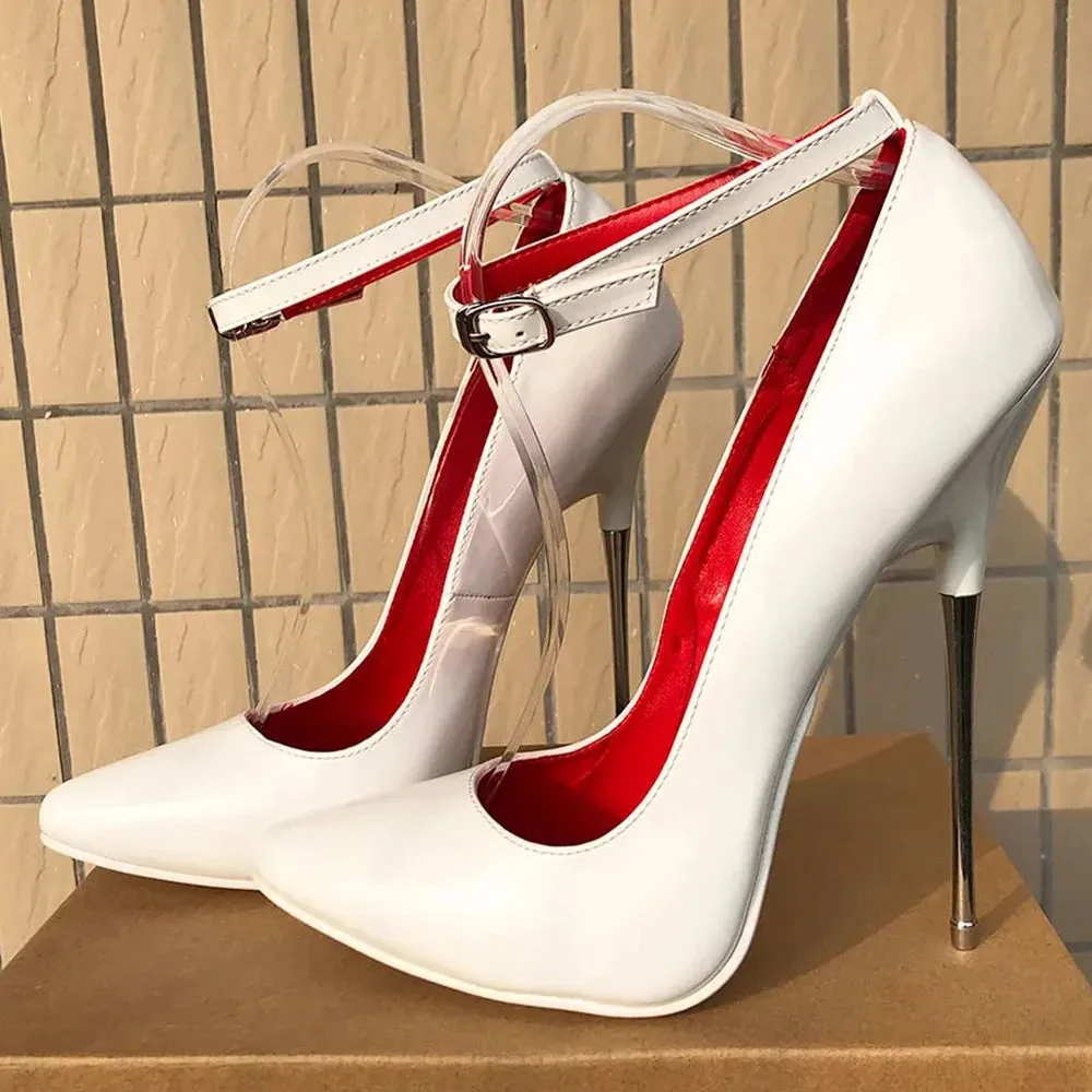 Red 16cm Metal High Heels Stilettos Red inside Sexy Women Fetish Ankle Strap Pumps