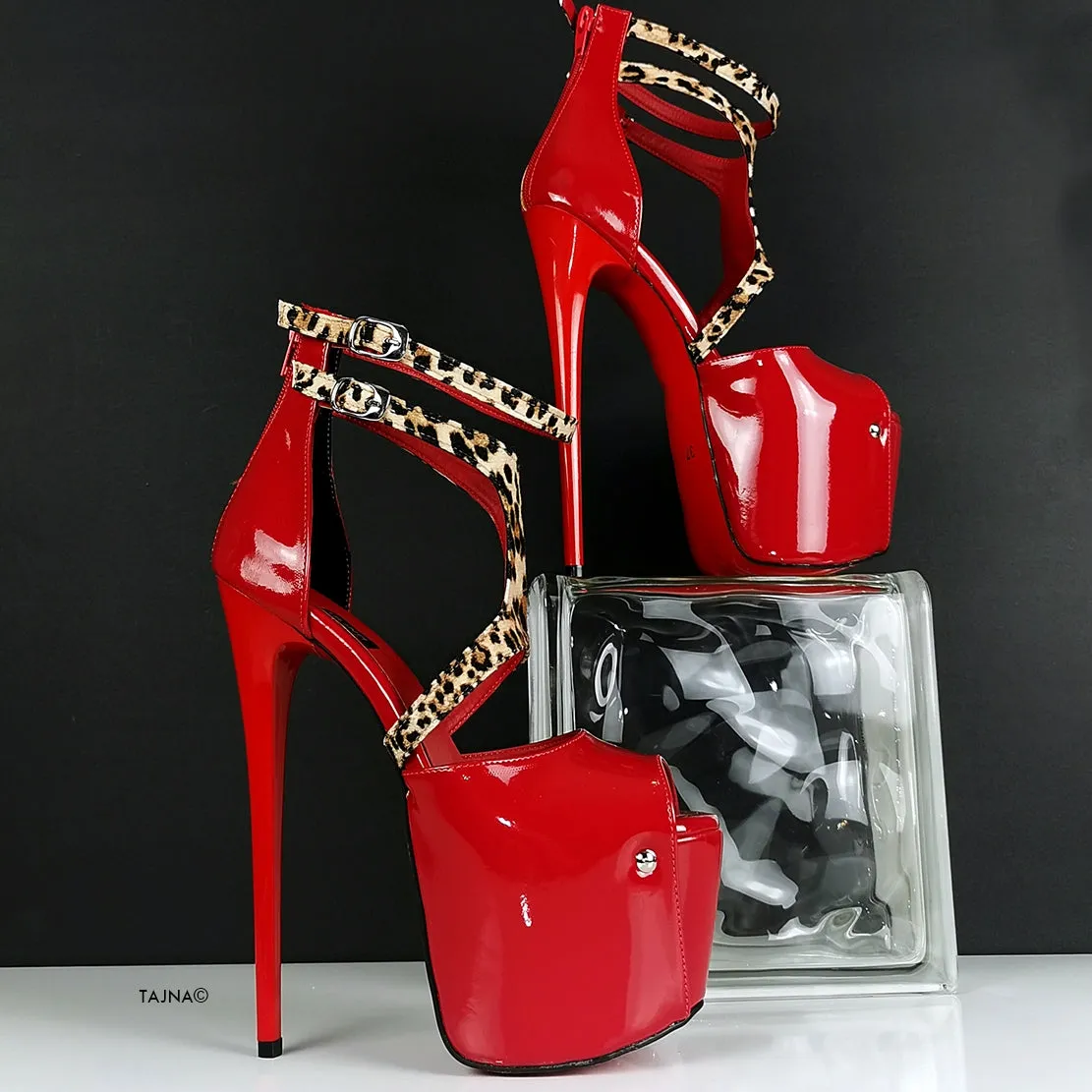 Red Patent Leopard Detail High Heels