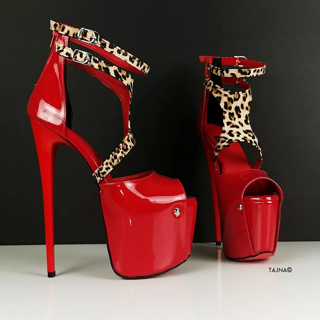 Red Patent Leopard Detail High Heels
