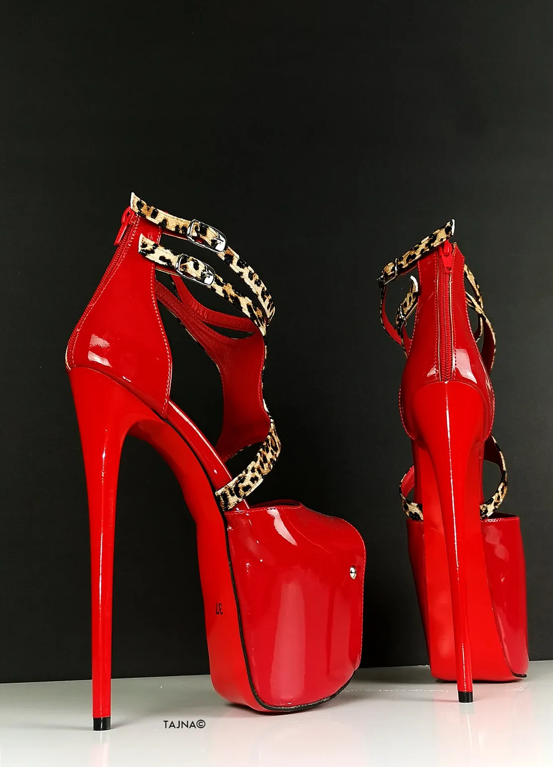Red Patent Leopard Detail High Heels