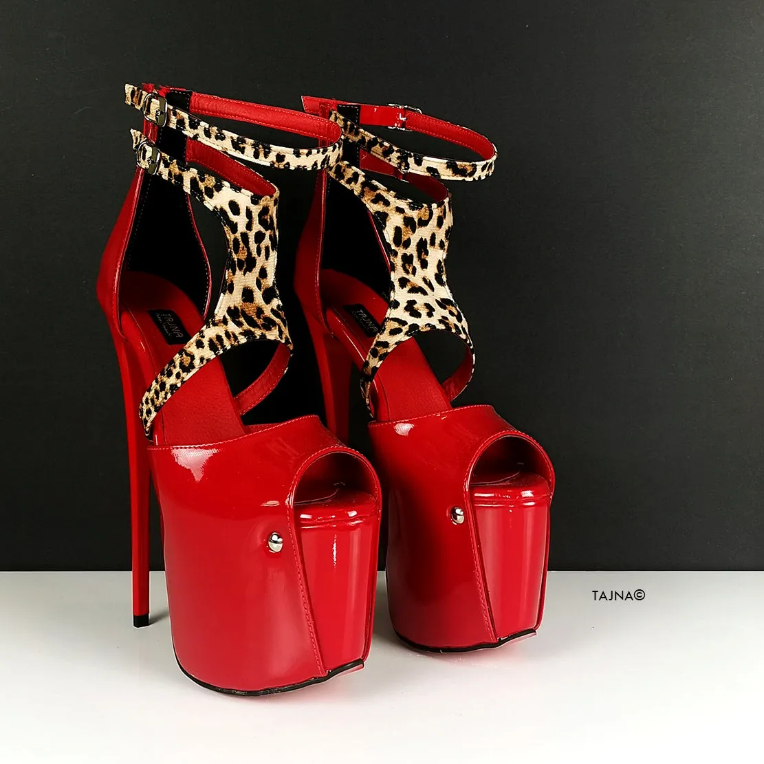Red Patent Leopard Detail High Heels
