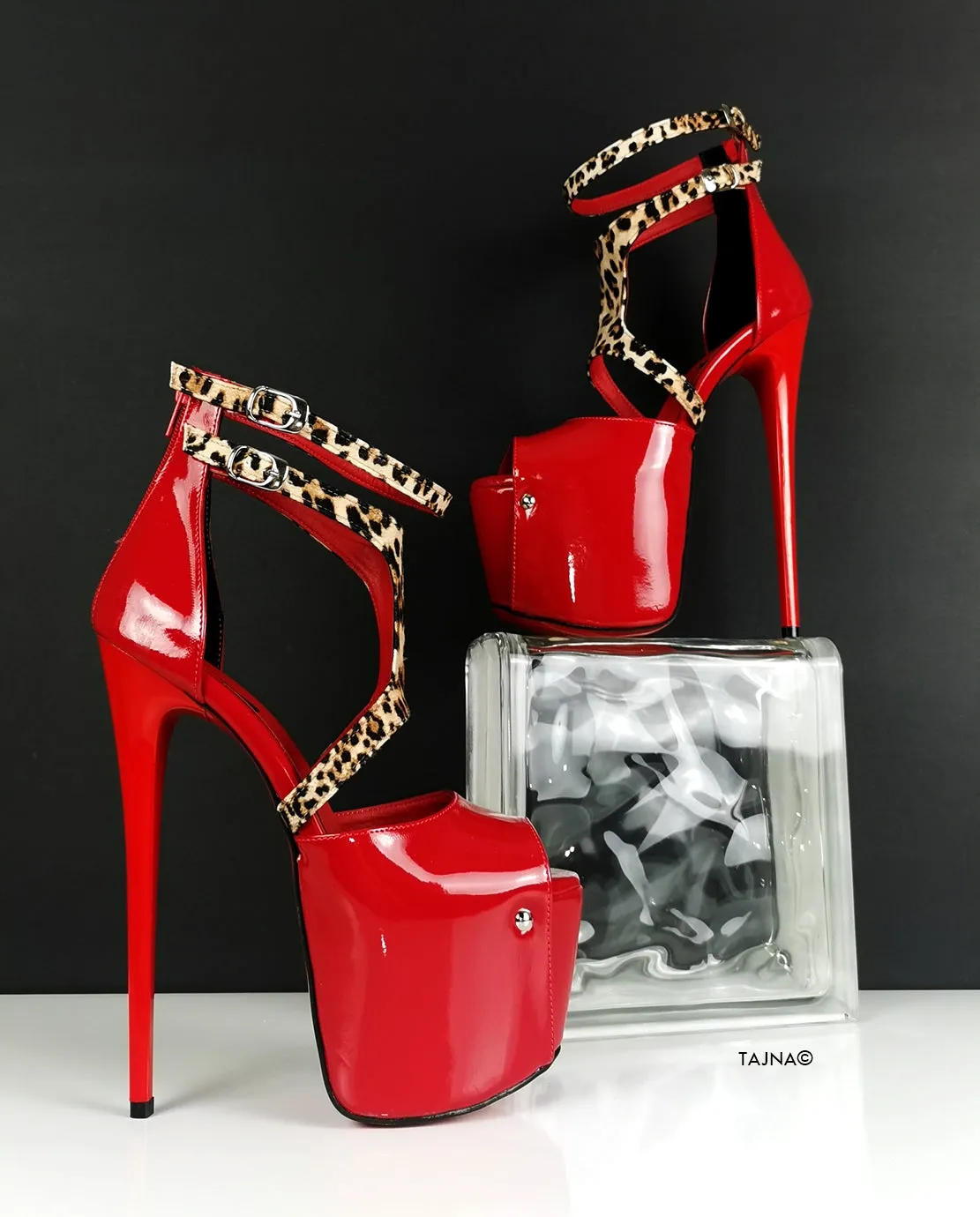 Red Patent Leopard Detail High Heels