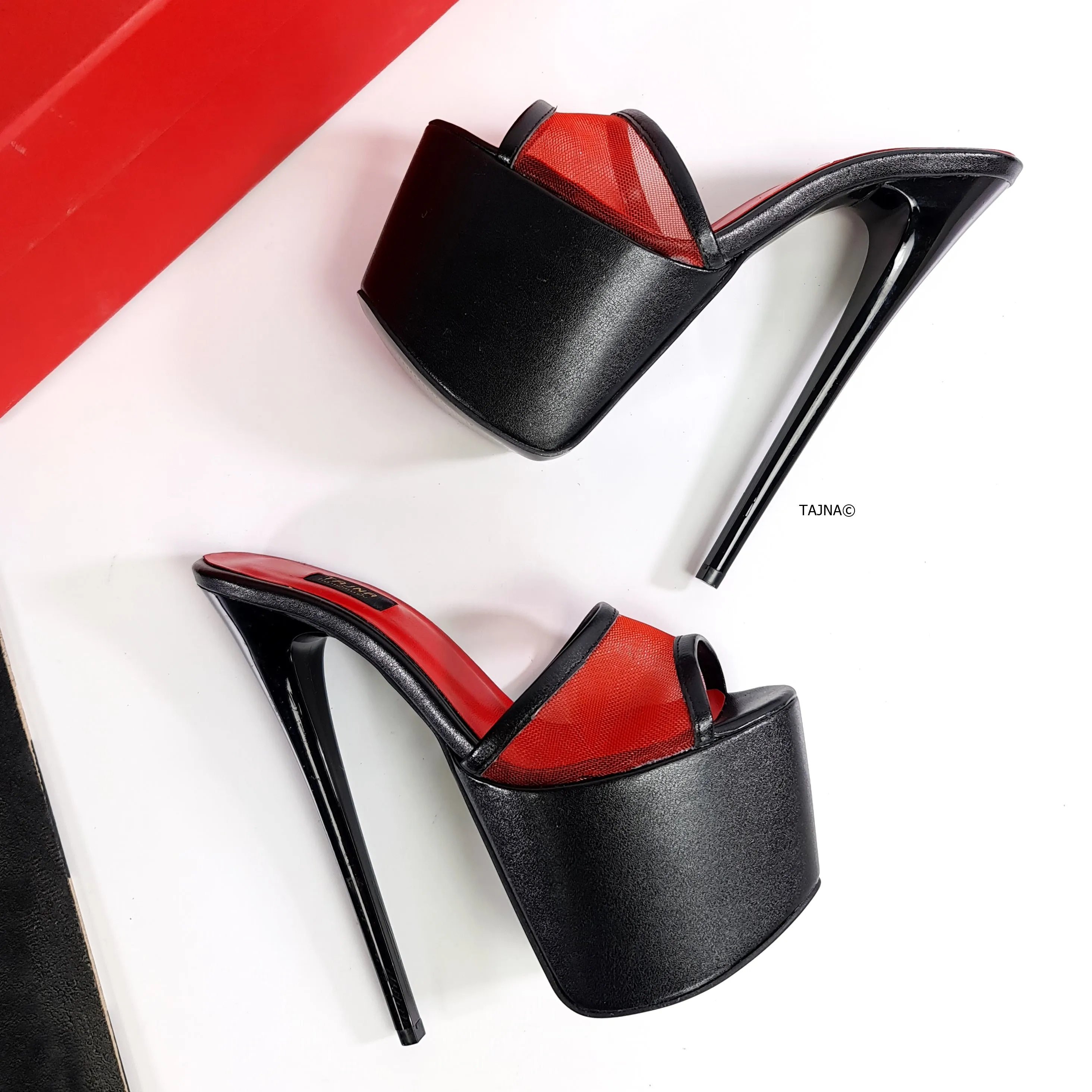 Red Transparent Detail Black High Heel Mules
