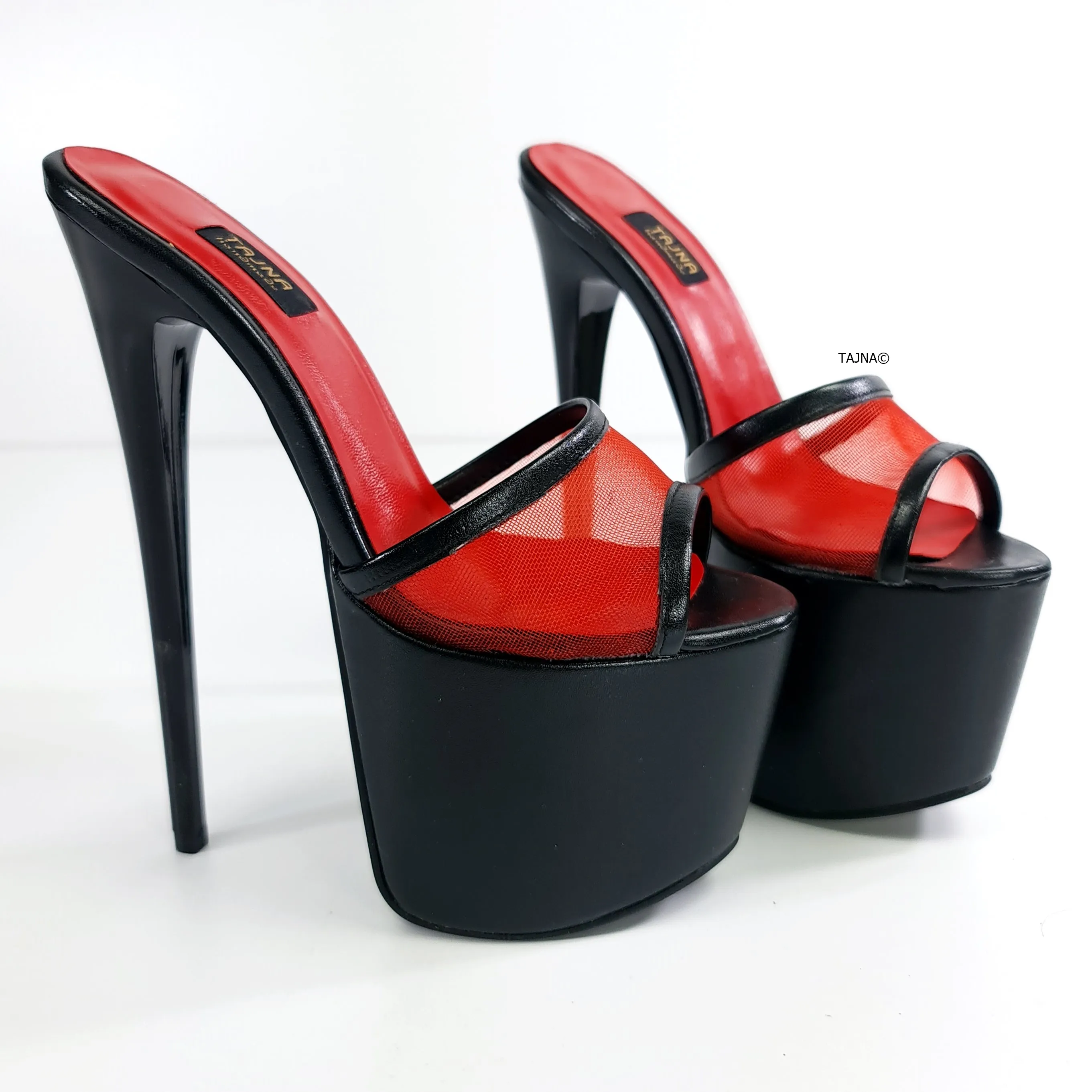 Red Transparent Detail Black High Heel Mules