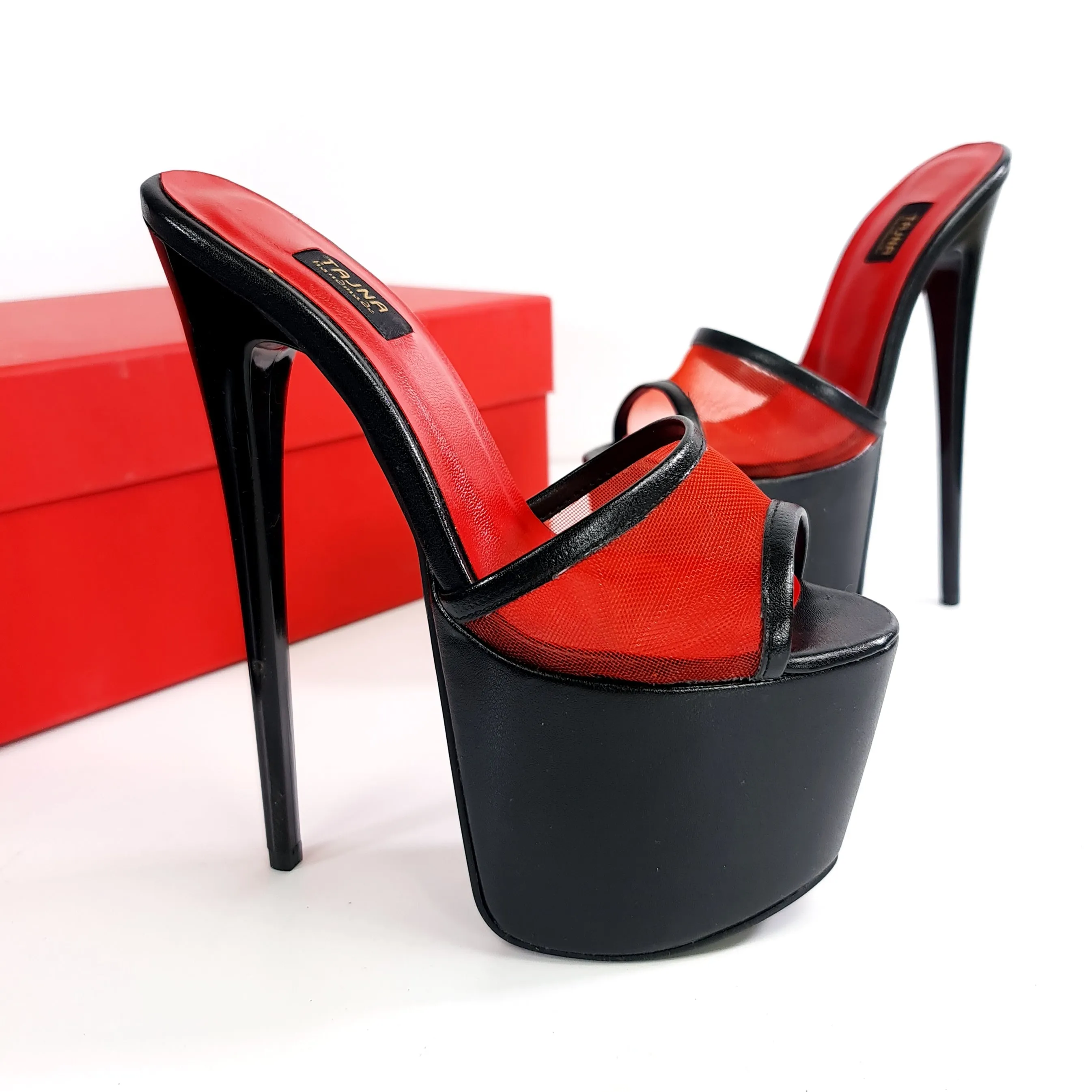 Red Transparent Detail Black High Heel Mules