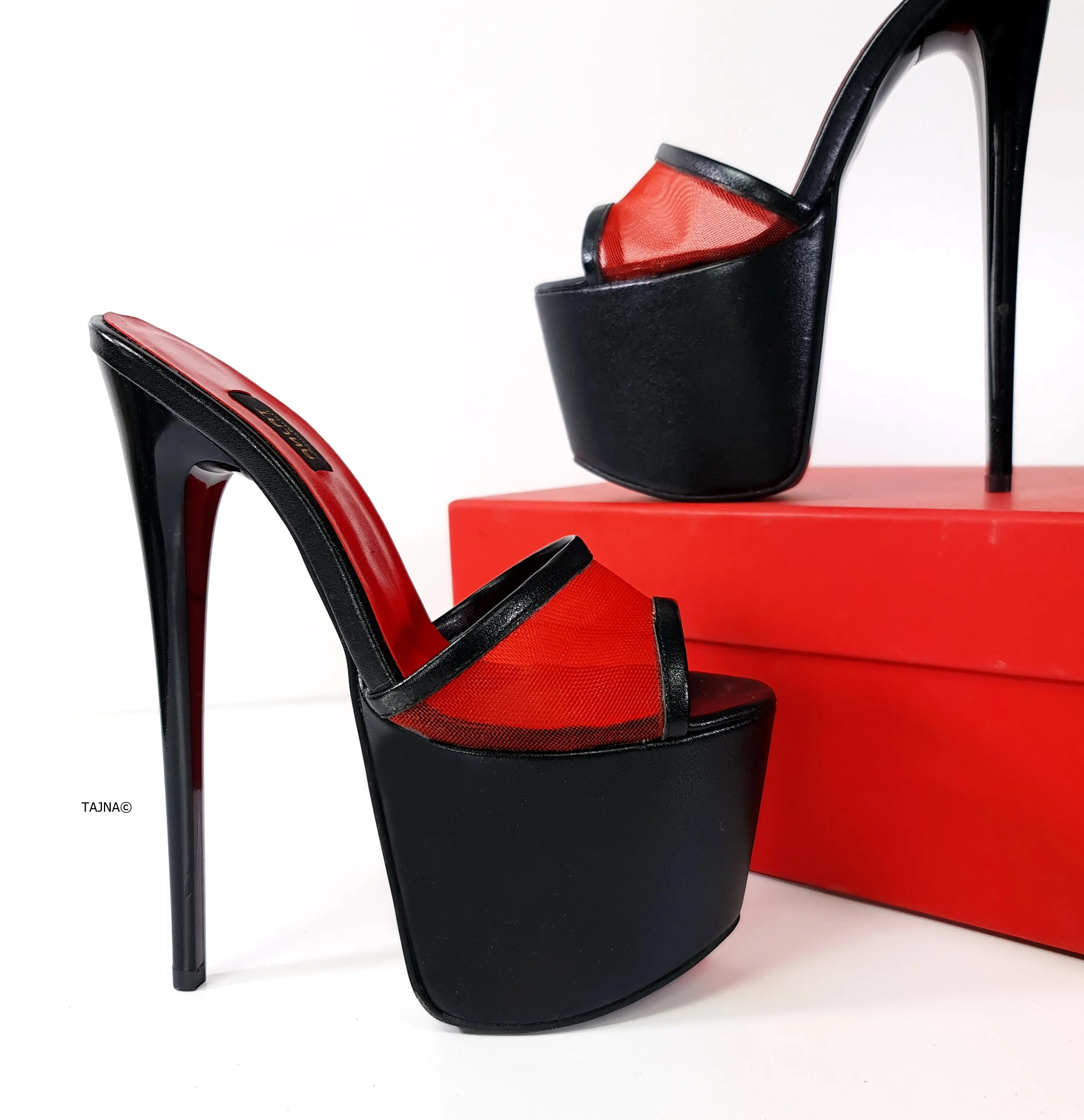 Red Transparent Detail Black High Heel Mules