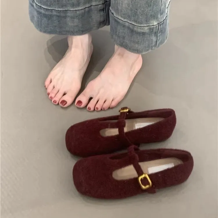 Retro Mary Jane shoes women's popular autumn and winter new  temperament elegant woolen square head T with soft sole evening shoes