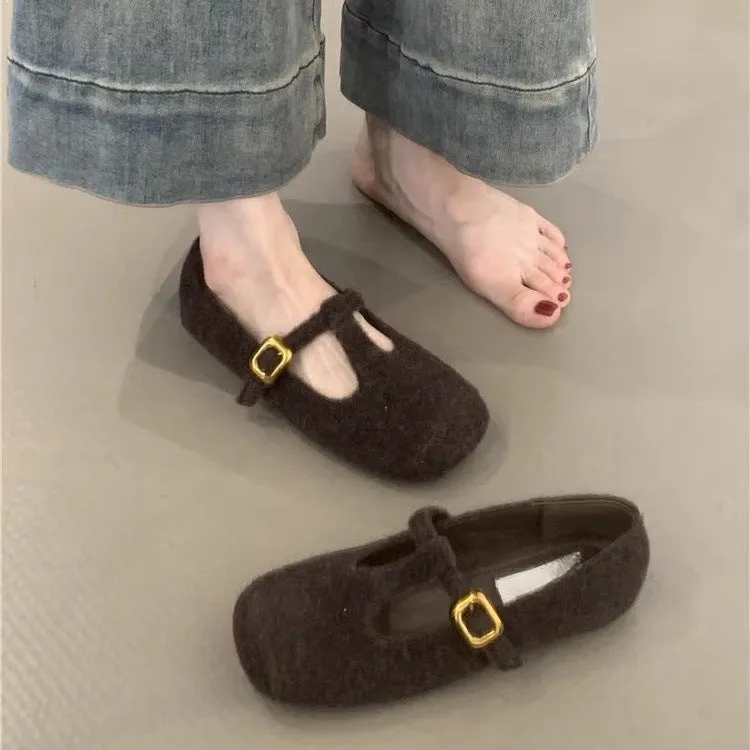 Retro Mary Jane shoes women's popular autumn and winter new  temperament elegant woolen square head T with soft sole evening shoes