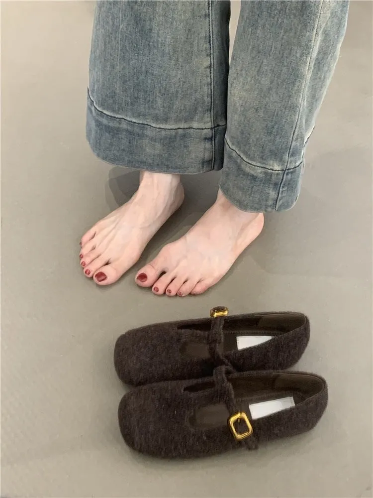 Retro Mary Jane shoes women's popular autumn and winter new  temperament elegant woolen square head T with soft sole evening shoes