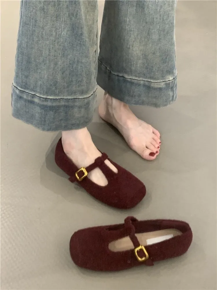 Retro Mary Jane shoes women's popular autumn and winter new  temperament elegant woolen square head T with soft sole evening shoes