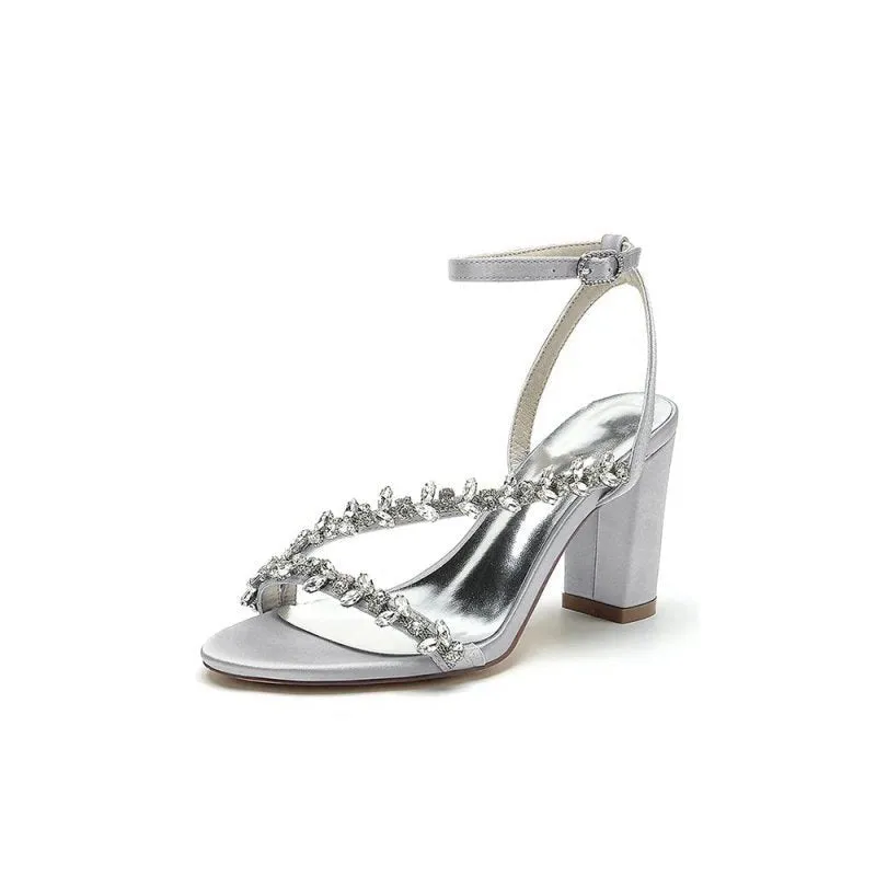 Rhinestone Beaded Ankle Straps Chunky Wedding Shoes