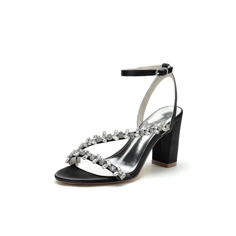 Rhinestone Beaded Ankle Straps Chunky Wedding Shoes