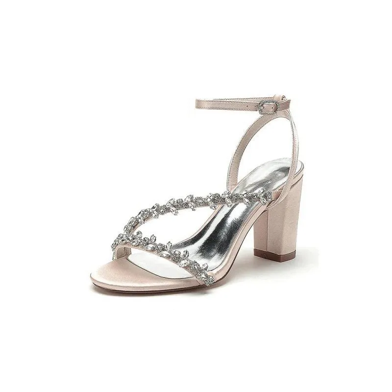 Rhinestone Beaded Ankle Straps Chunky Wedding Shoes