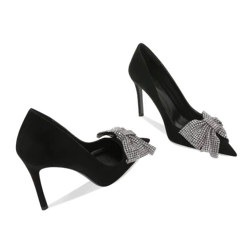 Rhinestone Bow Deco Pointy Toe Heels