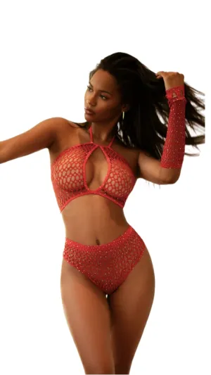 Rhinestone Halter, High Waisted Bottoms and Gloves Red