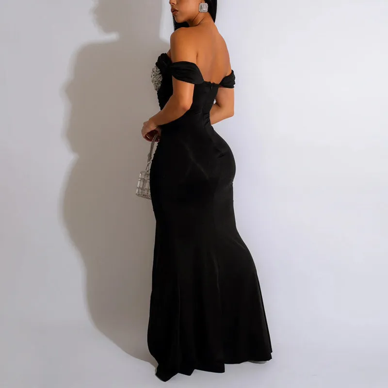 Rhinestone Off Shoulder High Slit Maxi Dress