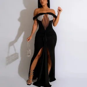 Rhinestone Off Shoulder High Slit Maxi Dress